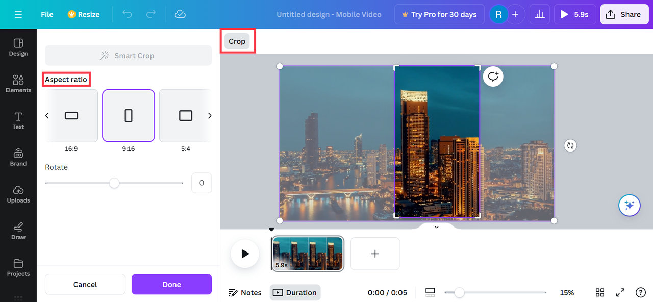 Interface of Canva - a perfect online landscape to portrait video converter