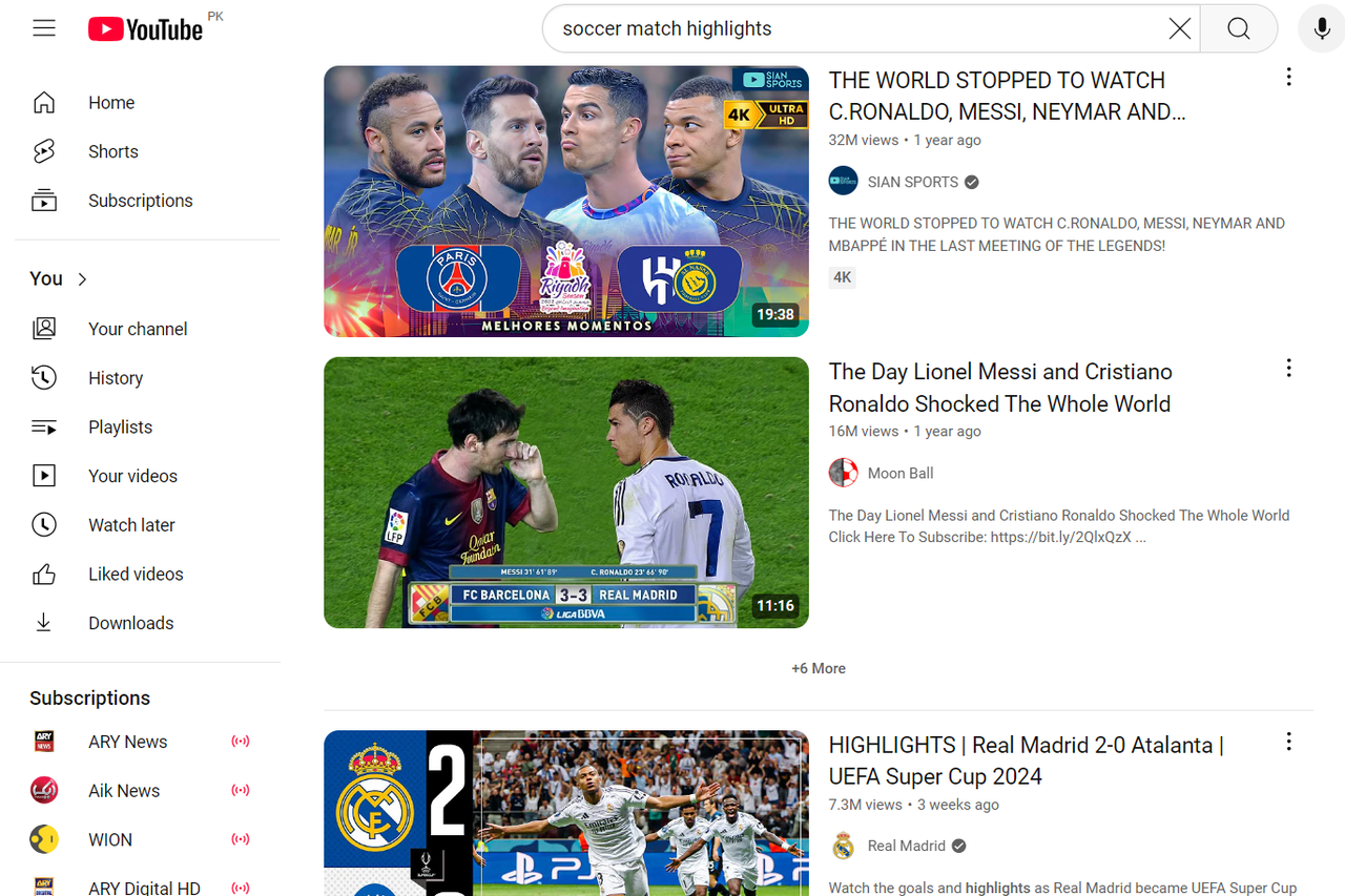 Interface of YouTube showing football match highlights today