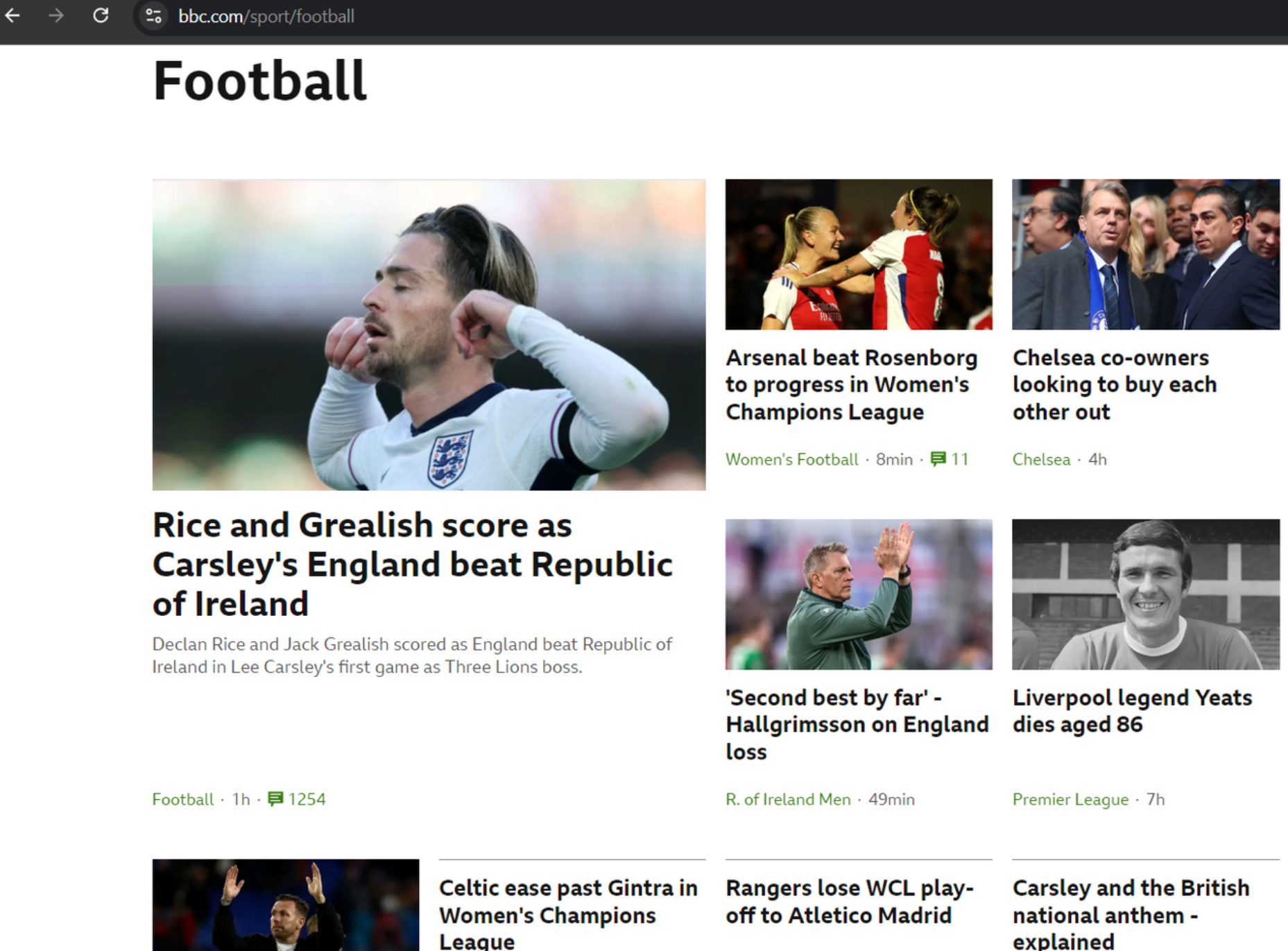 Interface of BBC sport showing today's football match highlights and soccer latest news