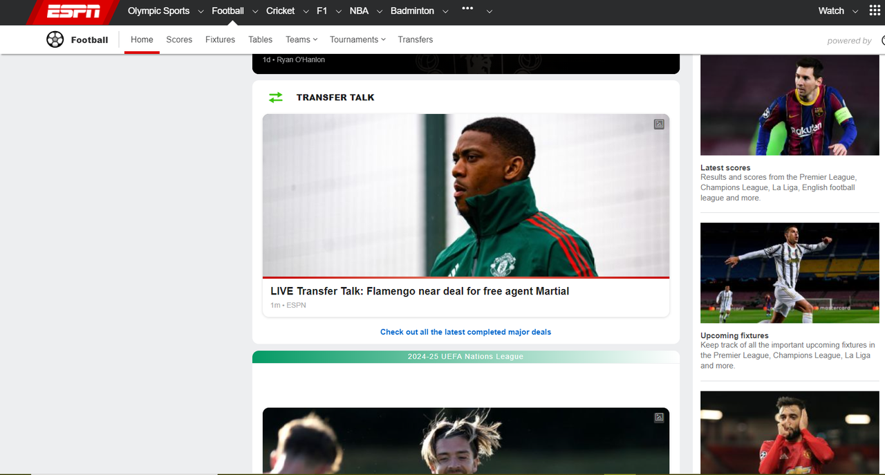 Interface of ESPN football news and soccer match highlights section