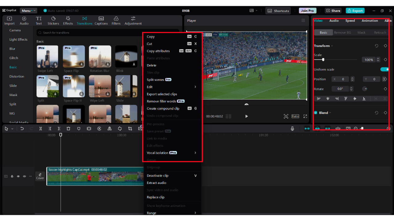 CapCut desktop video editor interface showing soccer highlight video editing