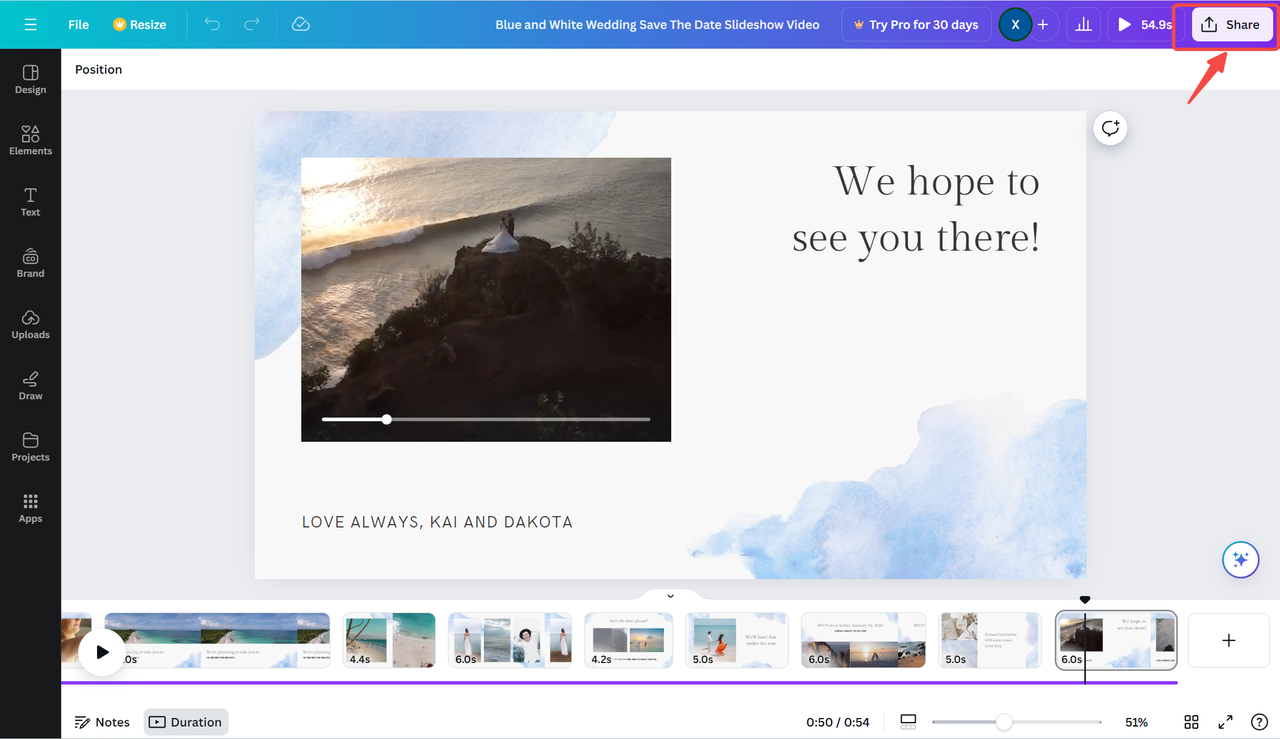 Previewing and exporting wedding invitation video in Canva - save and share your custom video