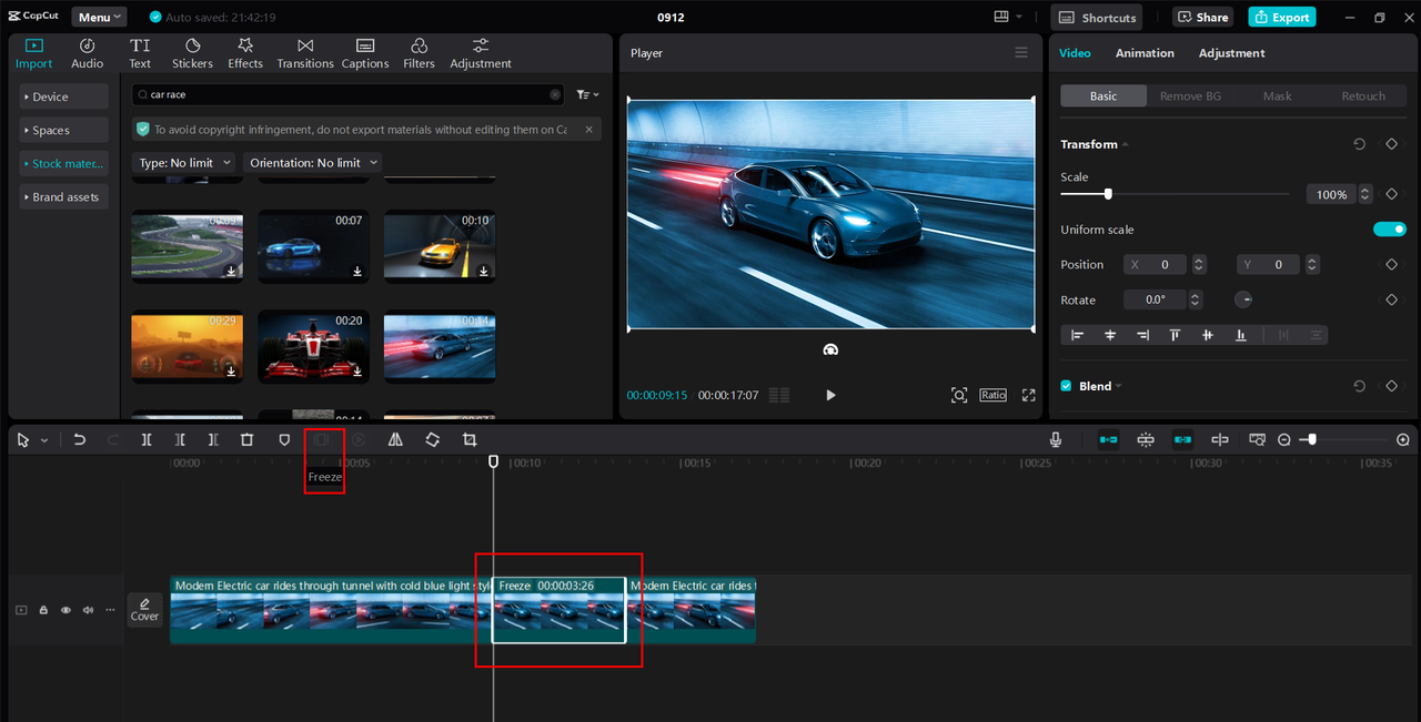 CapCut desktop video editor interface showing freeze frame effect