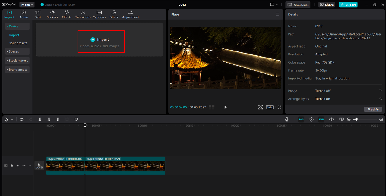 Importing the video into CapCut desktop video editor to add freeze frame