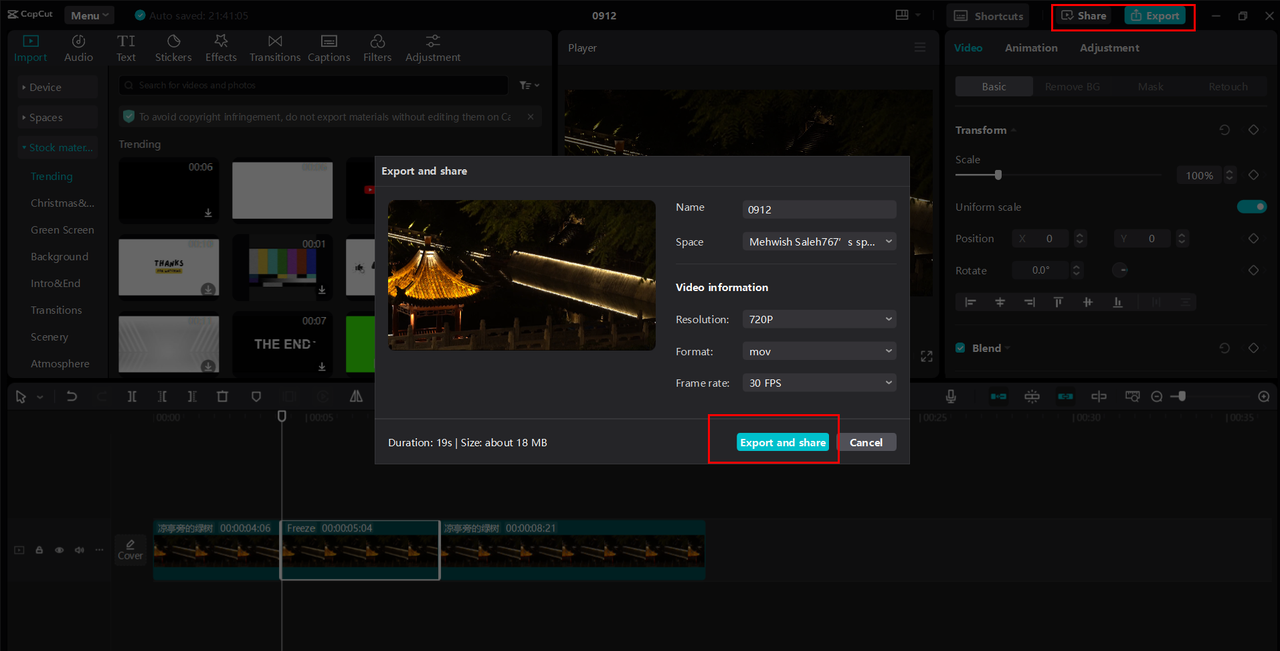 Exporting or sharing the video from the CapCut desktop video editor