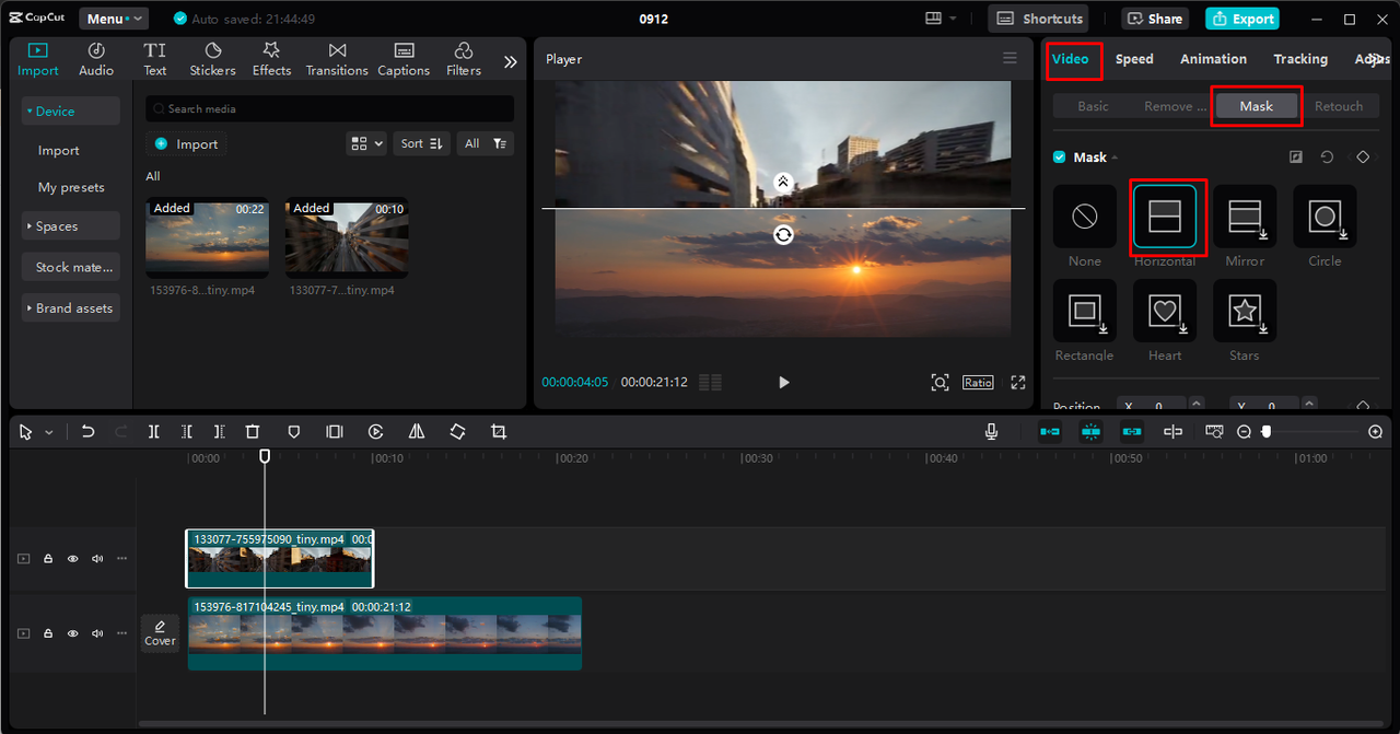 Editor interface of CapCut desktop video editor showing parallel editing through mask and split video option