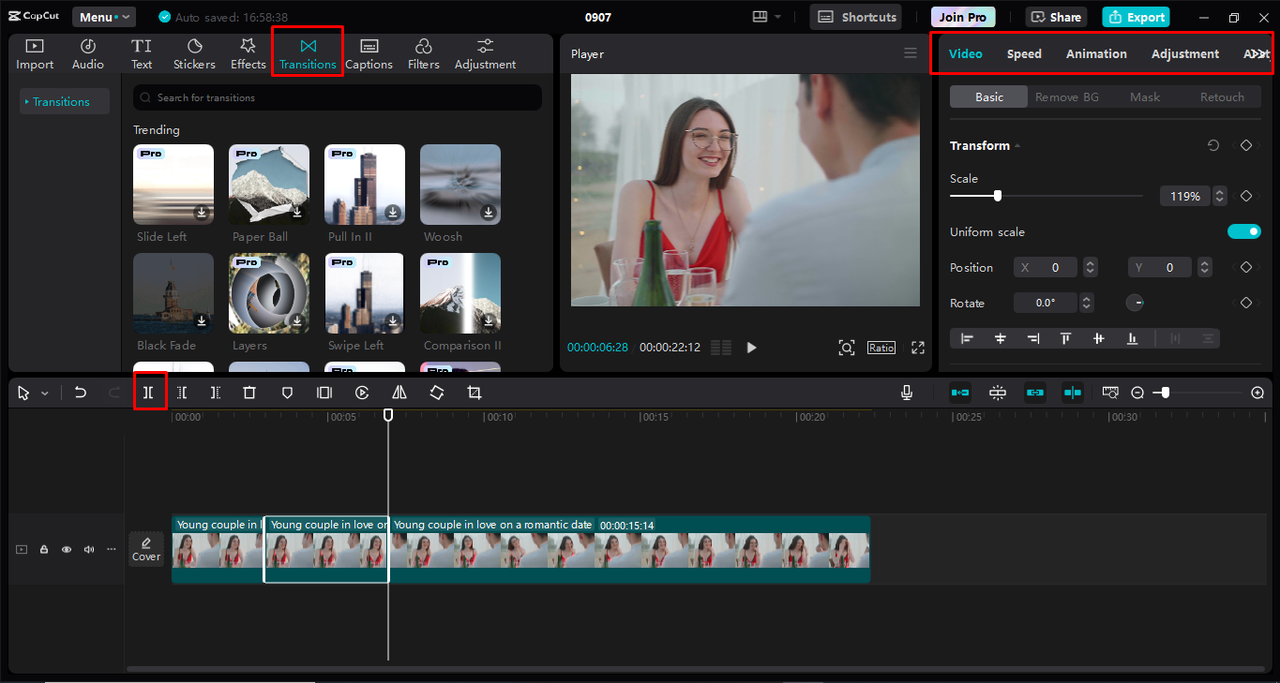 Splitting the video and applying transitions for creating a shot-reverse shot in the CapCut desktop video editor 