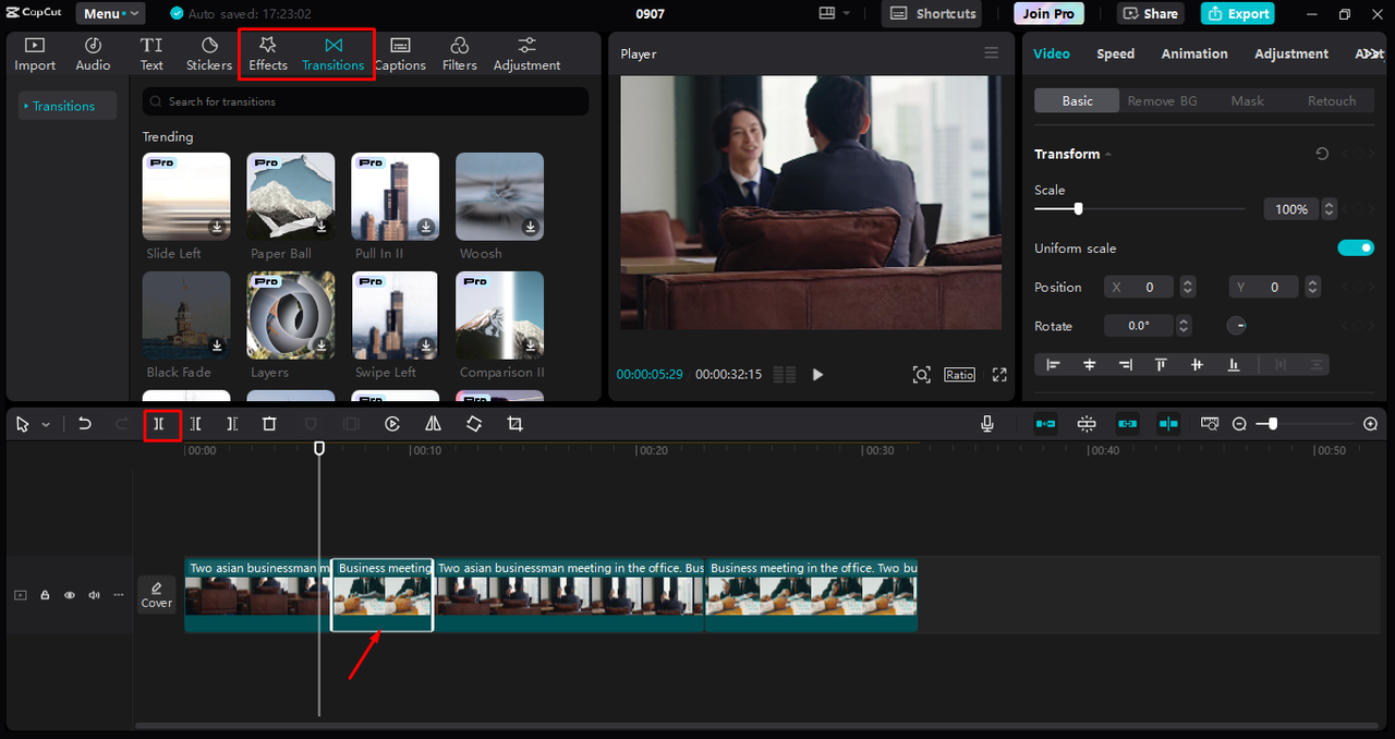 Editing the video for creating a match on action cut in the CapCut desktop video editor 