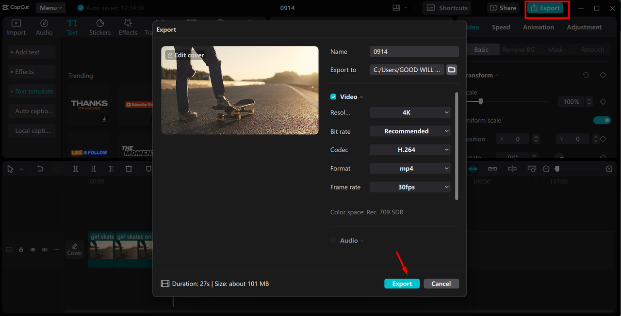 Exporting the montage video from the CapCut desktop video editor