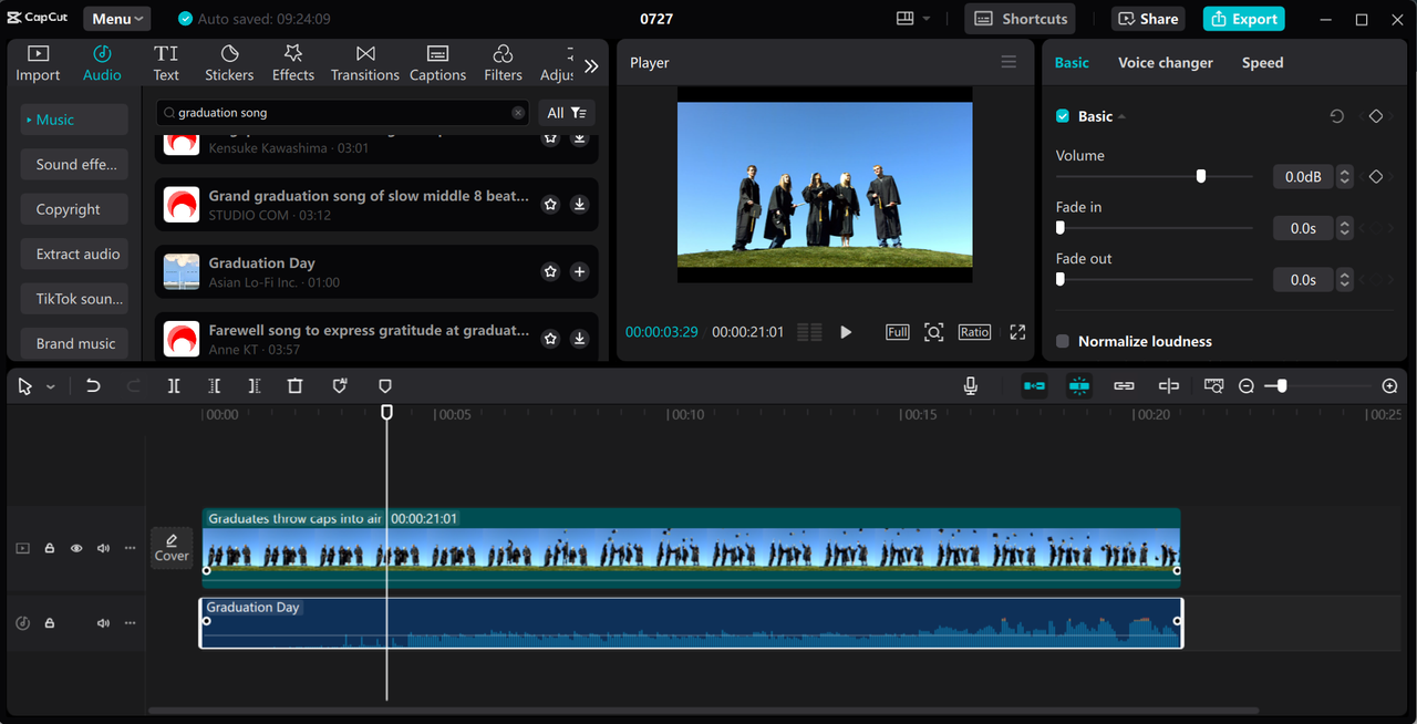 Editing interface of CapCut desktop video editor - a perfect tool to add graduation songs to video