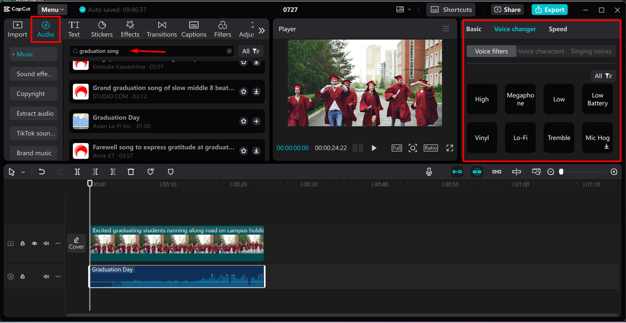 Adding graduation songs to the video in the CapCut desktop video editor