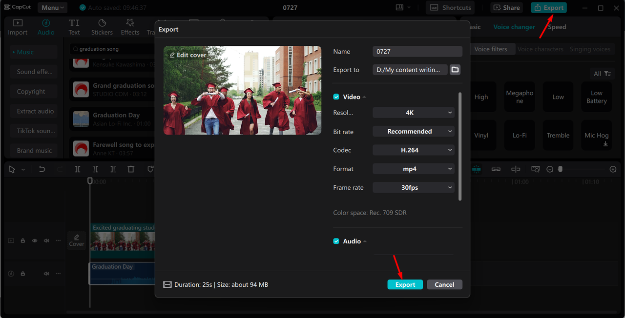 Exporting the video with graduation songs from the CapCut desktop video editor