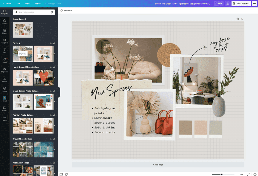 Interface of Canva - an easy way to make a color moodboard