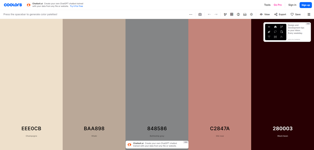 Interface of Coolors - a quick way to generate a color mood board