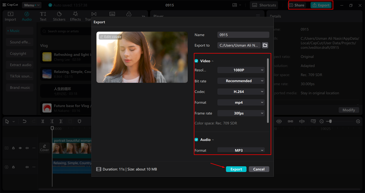 Exporting a video from the CapCut desktop video editor