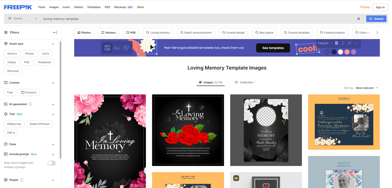 Interface of Freepik - the best place to find in loving memory templates