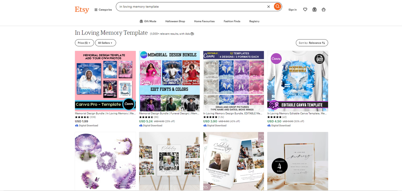 Interface of Etsy - a website to download an in loving memory template