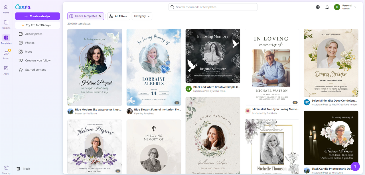 Interface of Canva - an easy way to find an in loving memory template