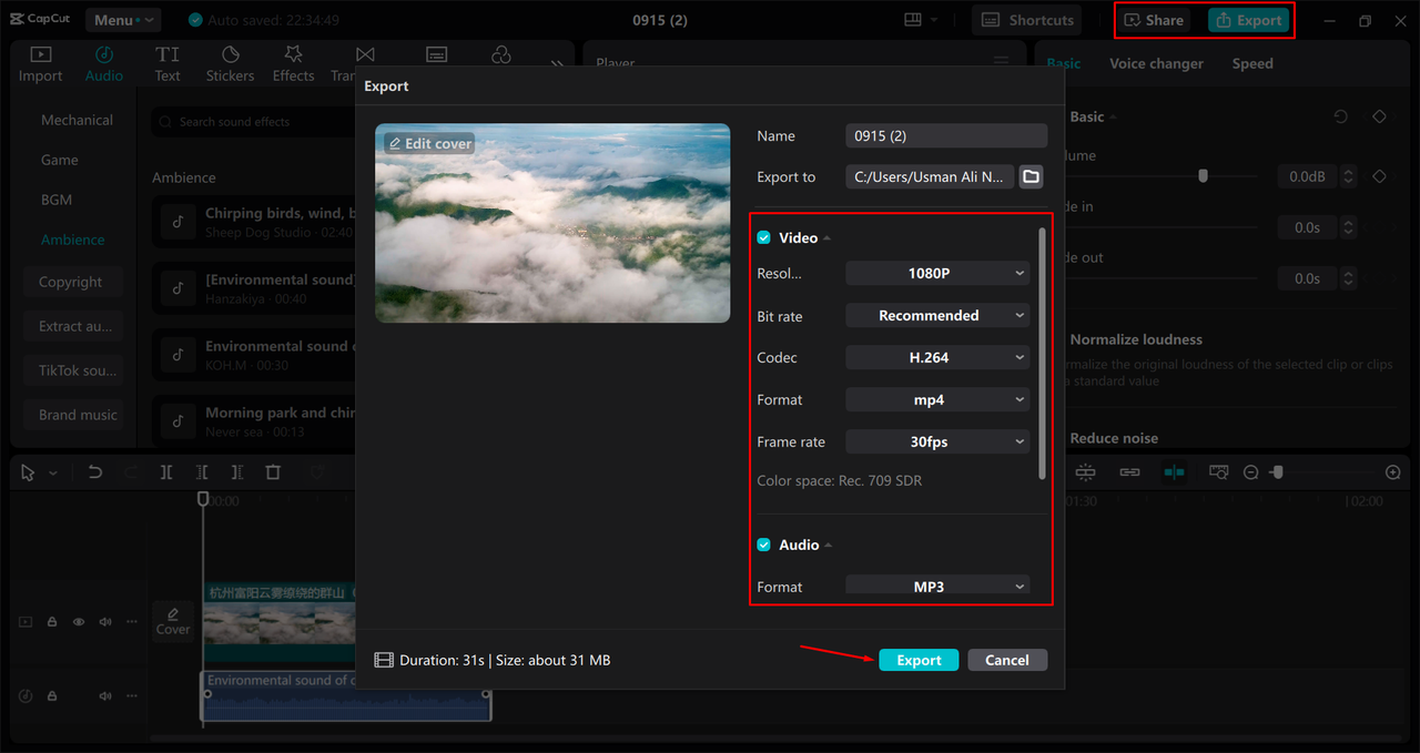 Exporting a video from the CapCut desktop video editor