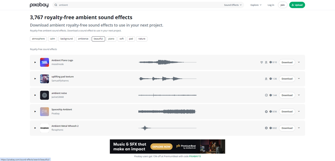  Interface of Pixabay - an easy way to download ambience sound