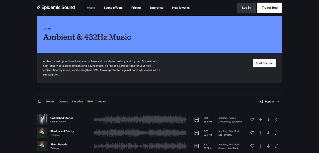 Interface of Epidemic sound - an amazing ambience sound website 