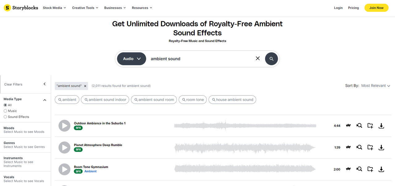 Interface of Storyblocks - a website to download ambience sound for free