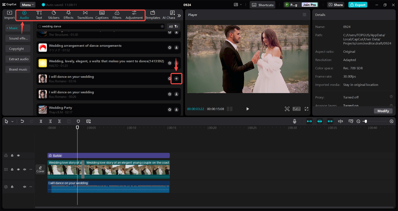 Edit the wedding dance video