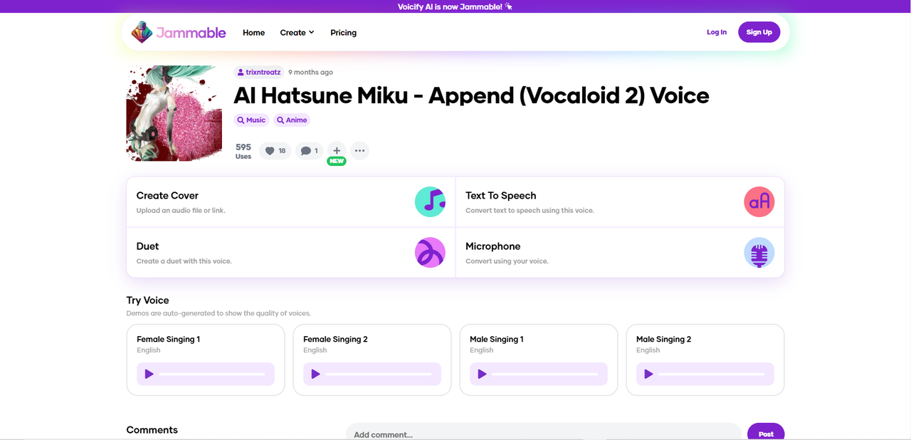 Interface of Jammable - a free Hatsune Miku voice generator