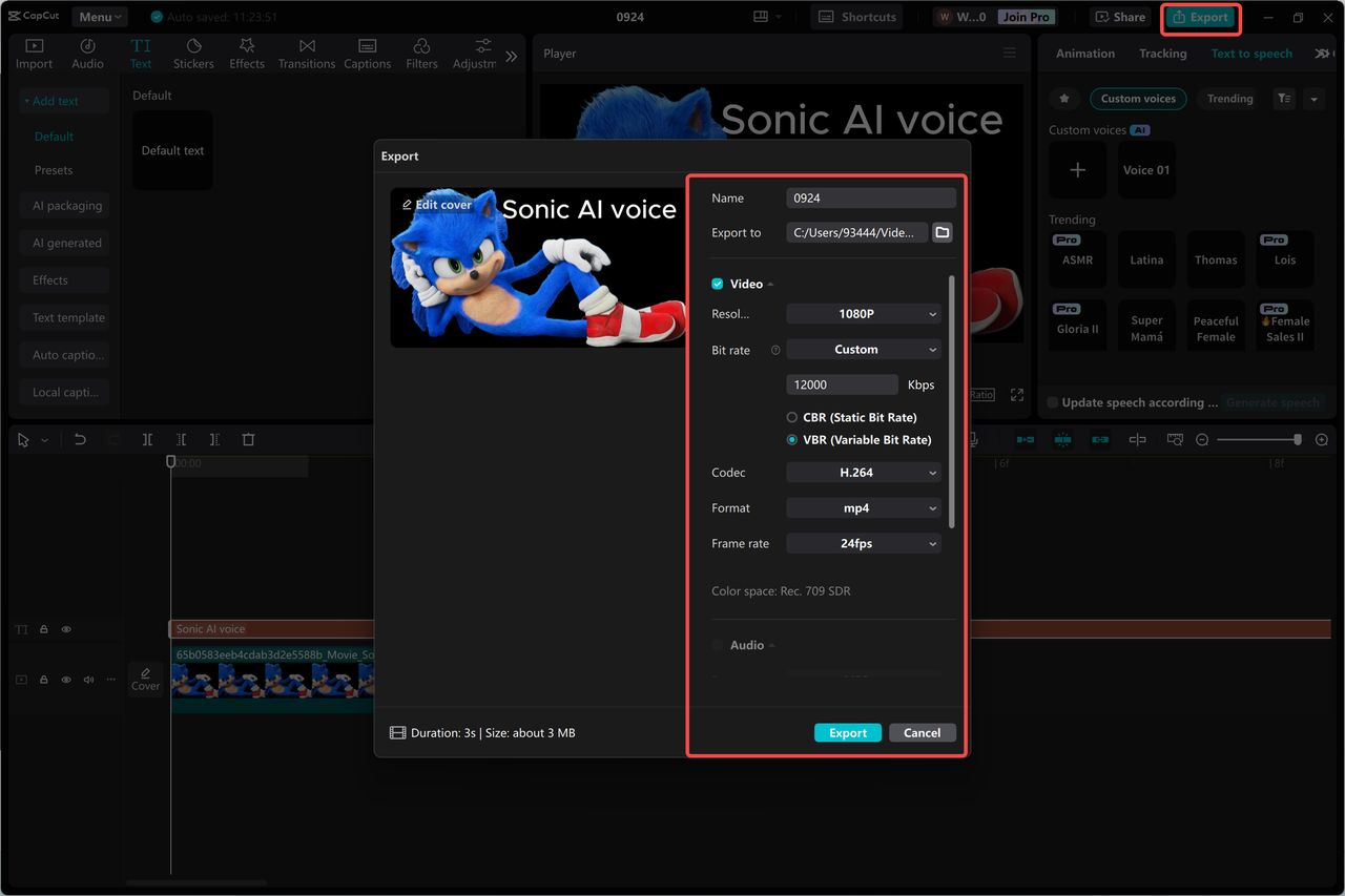 Exporting the audio file from the CapCut desktop video editor