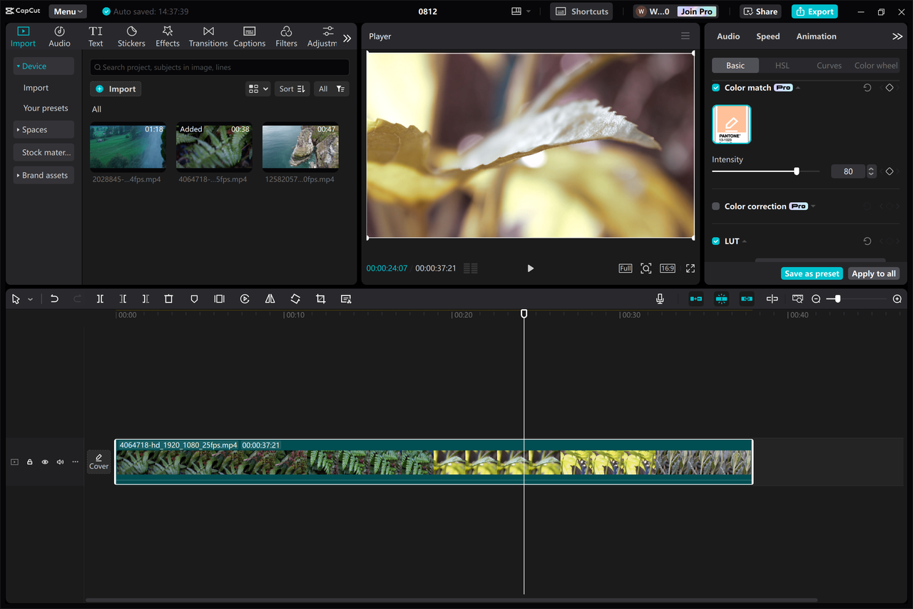 Editing interface of the CapCut desktop video editor - a perfect tool to enhance videos with vibrant colors