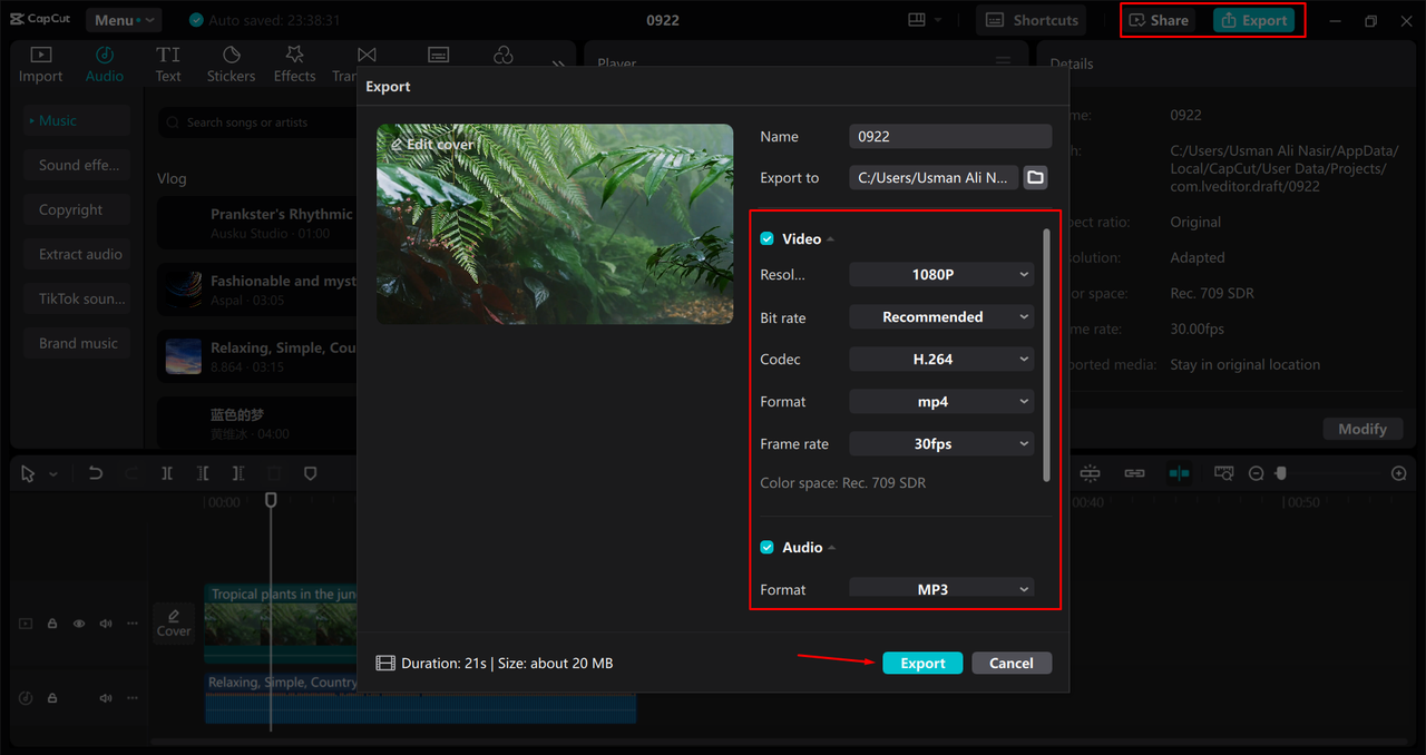 Exporting a video from the CapCut desktop video editor