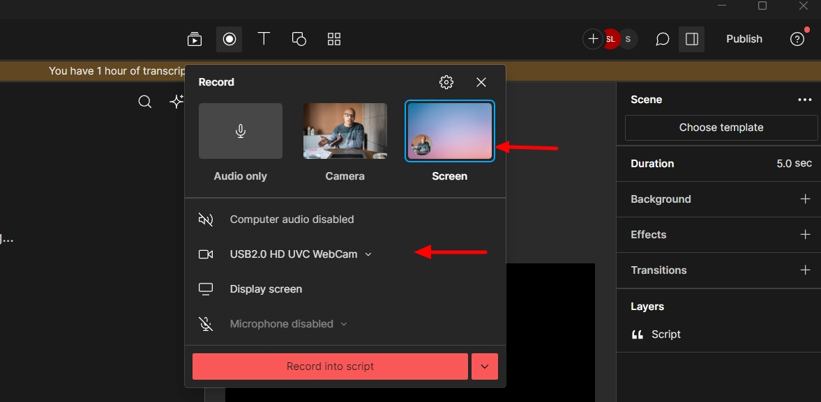 Showing how to record a video on Windows 10 with the Descript tool