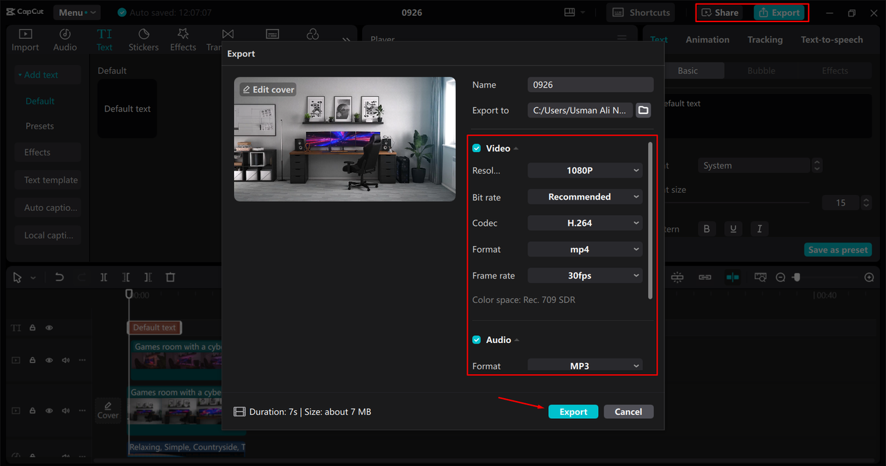 Exporting a video from the CapCut desktop video editor