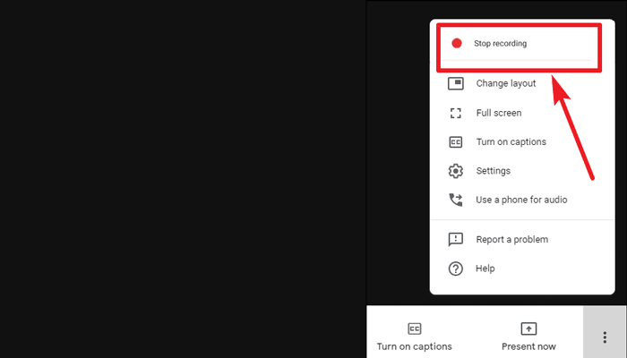 Stopping the recording in Google Meet