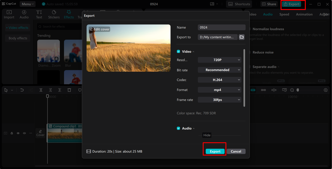 Exporting the video from the CapCut desktop video editor