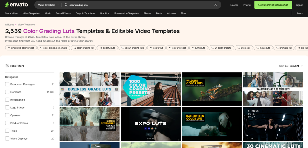 Interface of Envato - an easy-to-navigate site to get free color grading LUTs