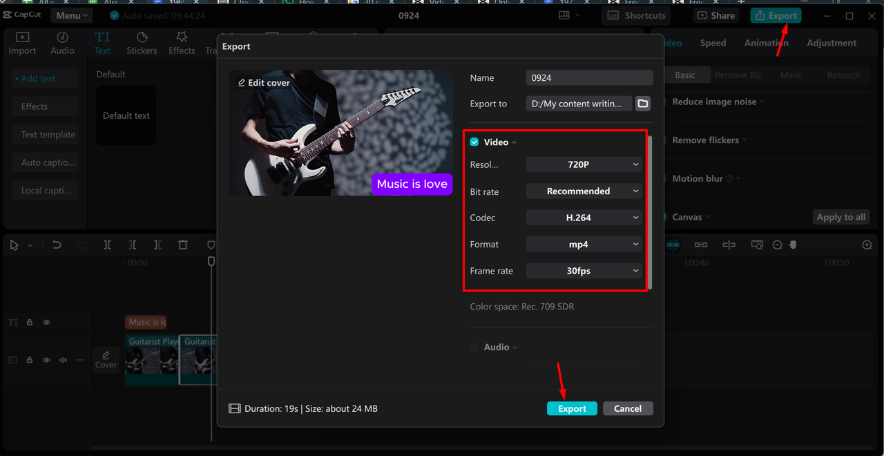 Exporting the compressed video from the CapCut desktop video editor