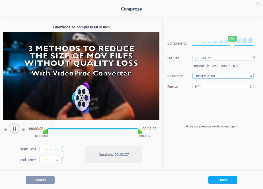 Interface of VideoProc Converter AI showing how to compress a video for YouTube without losing quality