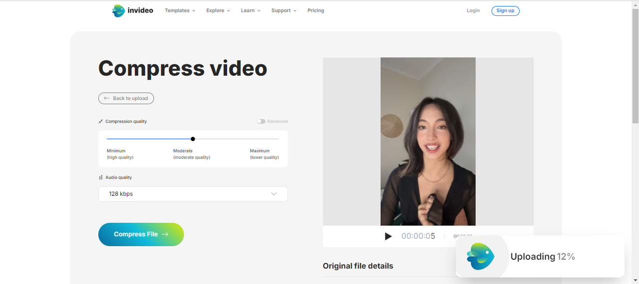 Interface showing how to compress video for YouTube online using Invideo