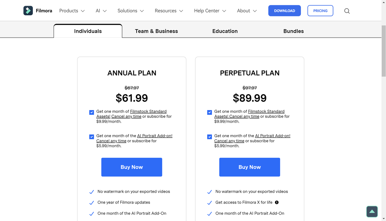 Review of Filmora editing software's pricing plan