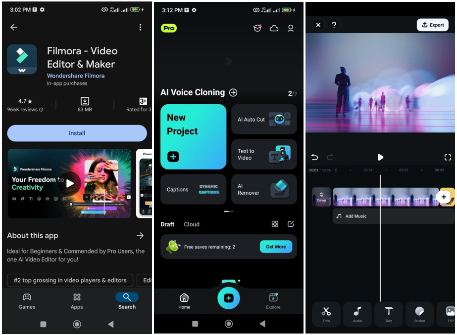 Filmora mobile app editor interface showcasing popular features for video editing