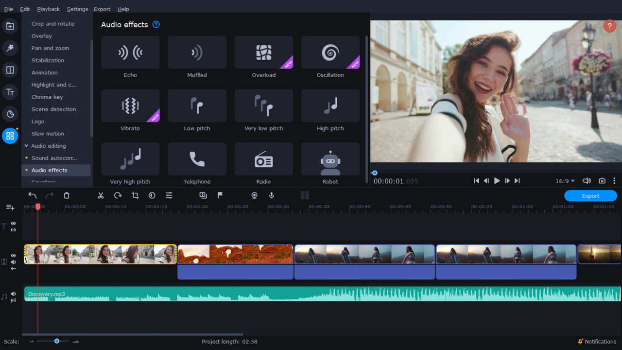 The interface of Movavi video editor showing various tools for video editing 