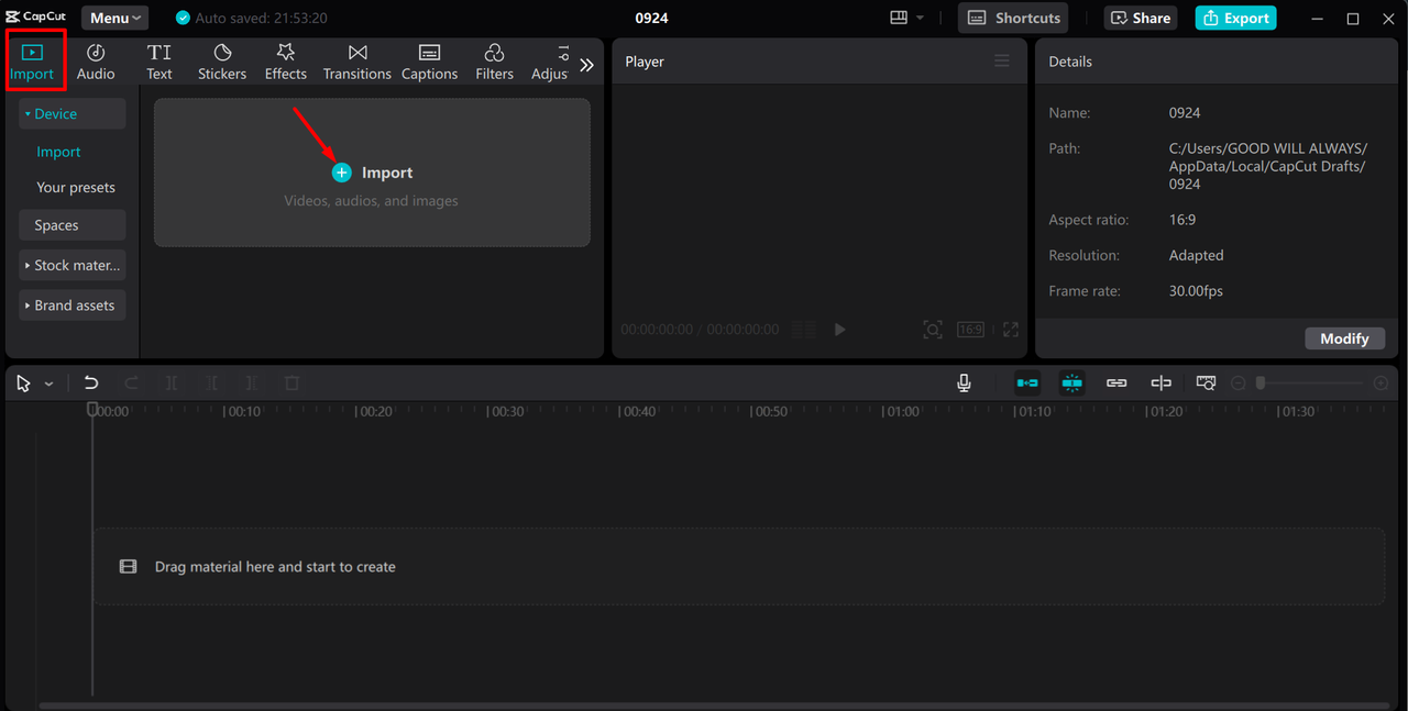 Importing video from the CapCut desktop video editor