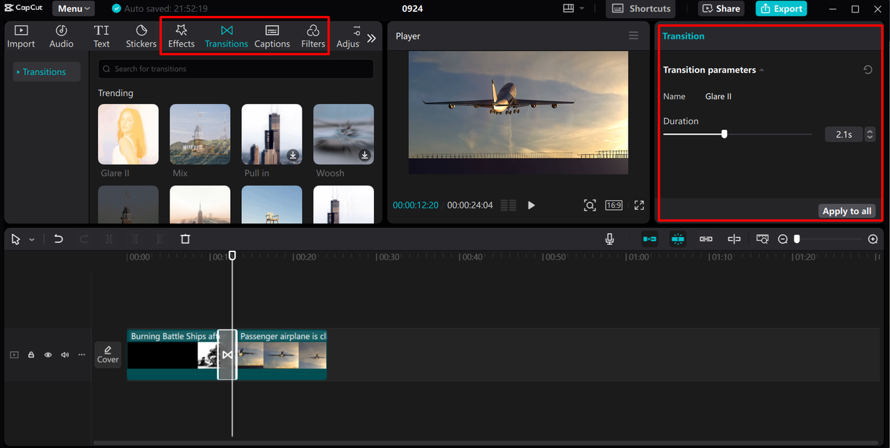 Applying filters and transitions to  the video in the CapCut desktop video editor