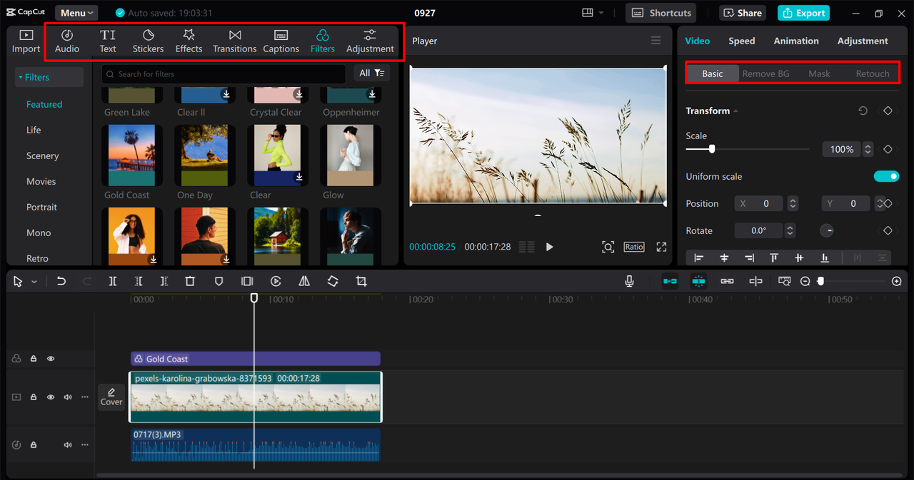 Fine-tuning the video using different editing tools in the CapCut desktop video editor