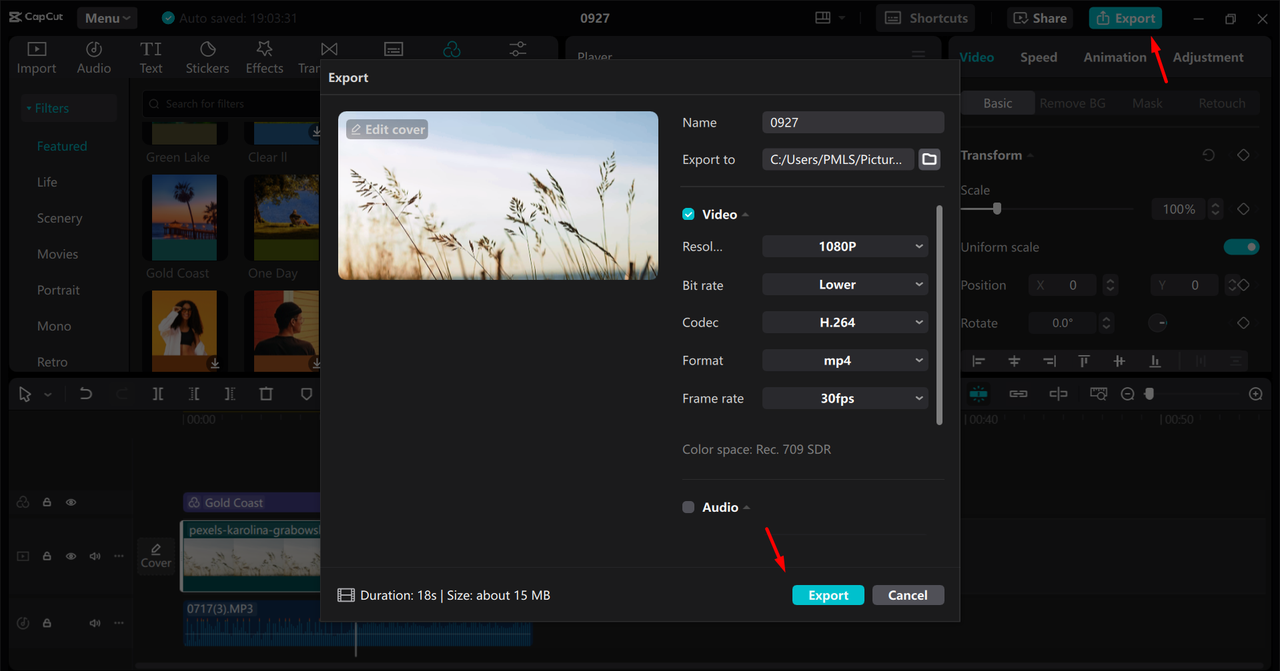 Exporting video after editing in the CapCut desktop video editor