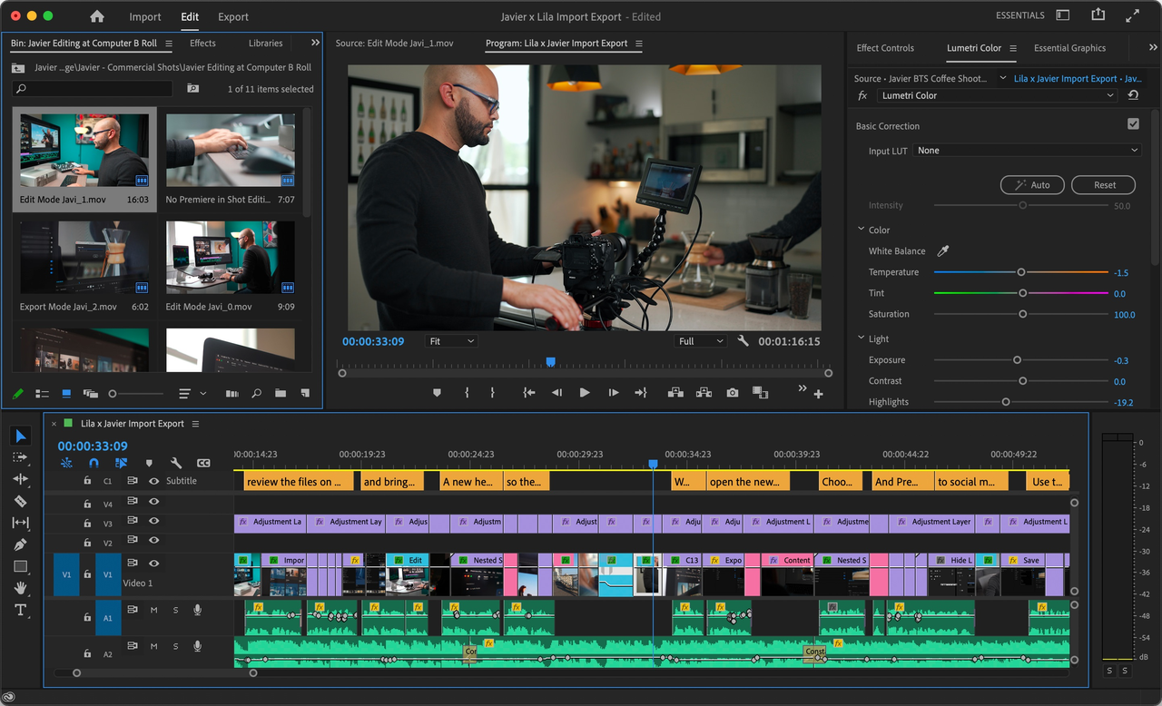 Editing interface of Adobe Premiere Pro showing various tools to fine-tune the video