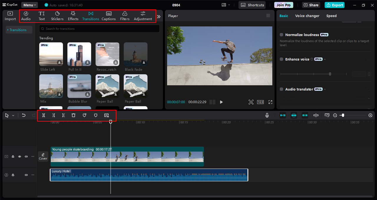 Fine-tuning the video using different editing tools in the CapCut desktop video editor