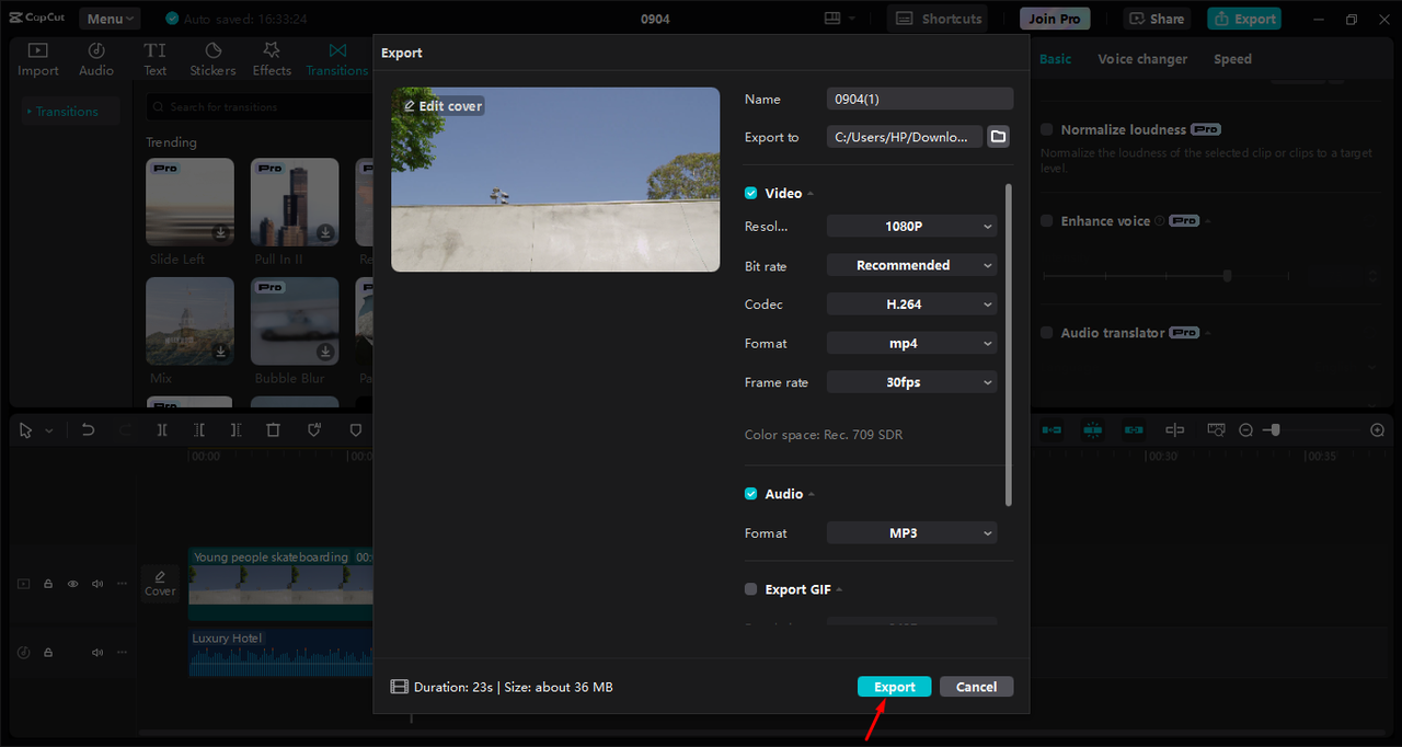 Exporting video after editing in the CapCut desktop video editor