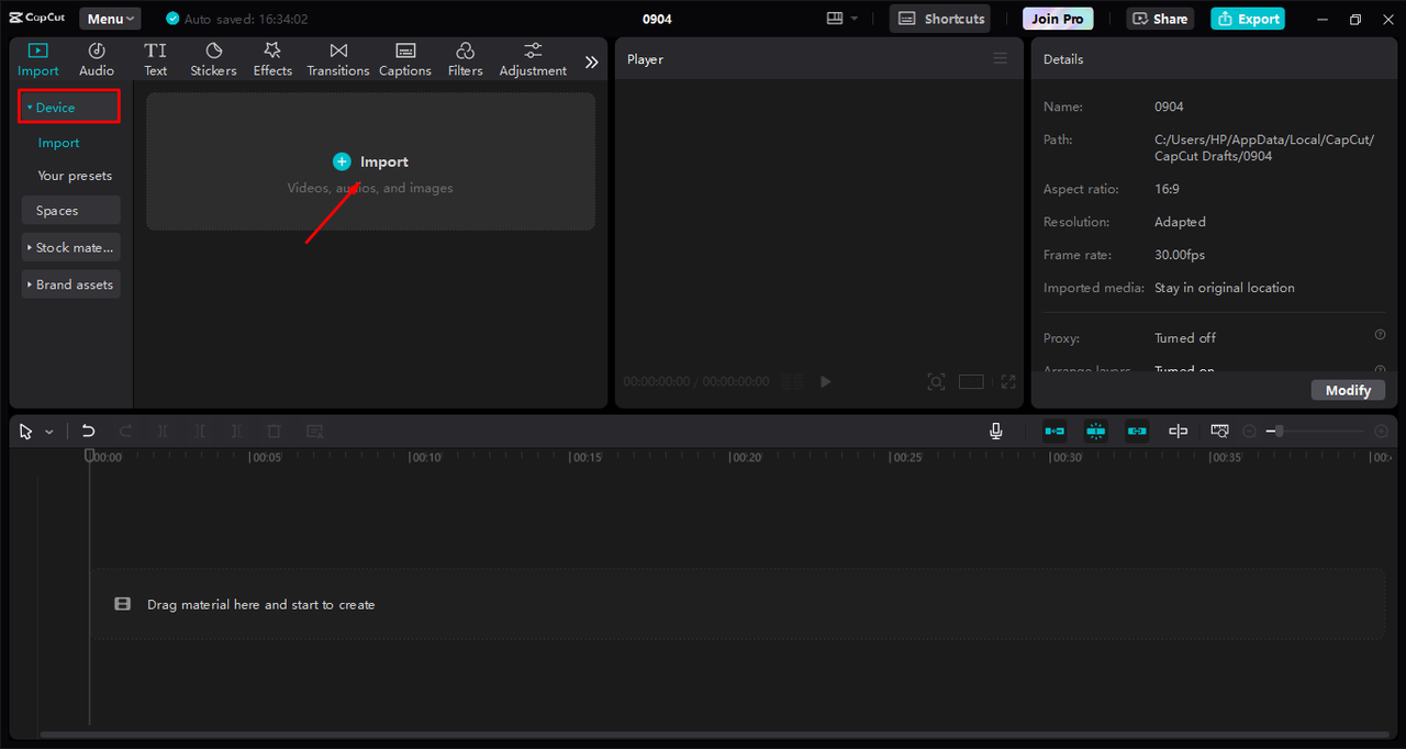 Importing the video for editing in the CapCut desktop video editor